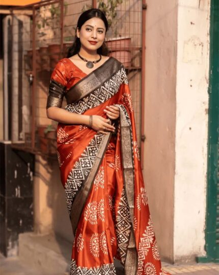 Saffron Color Latest Design Dola Silk Saree with Blouse Piece - Navshtri Family