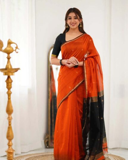 Saffron Color Premium Cotton Silk Saree With Classy Blouse and tassels - Navshtri Family