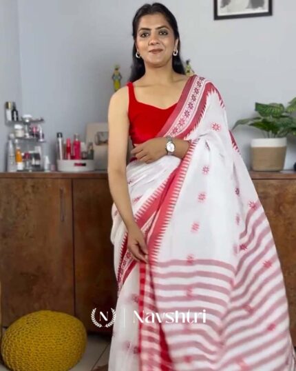 Scarlet Shine - White Saree with Matching Red Blouse and Border - Navshtri Family