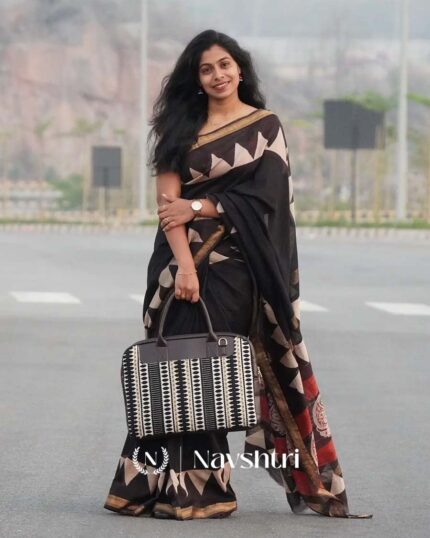 Shadow Fringe - Black Linen Saree with Black Blouse & Border Accent - Navshtri Family