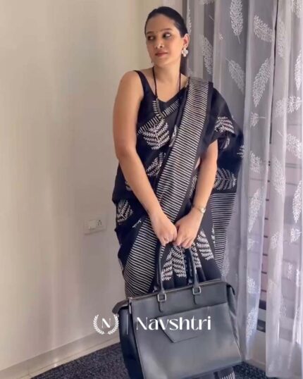 Shadow Petals - Black Linen Saree with Black Blouse and Floral Accent - Navshtri Family