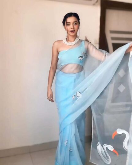 Sky Blue Color 1-Minute Ready To Wear Organza Saree With Blouse Piece - Navshtri Family