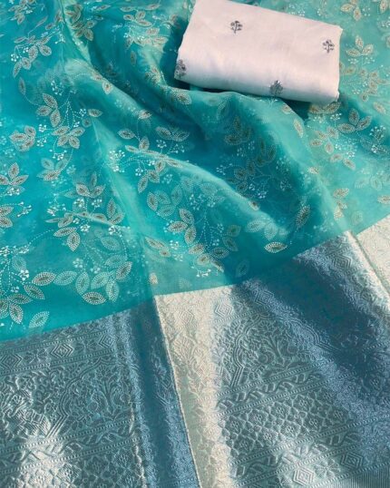 Sky Blue Color Kanchi Pure Organza Jacquard Full Worked Saree With Raw Silk Squence Work Blouse - Navshtri Family