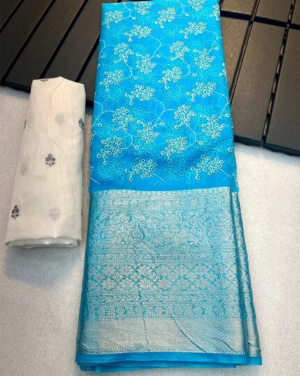 Sky Blue Color Pure Kanchi Organza Jacquard Full Worked Saree With Raw Silk Squence & Silk Border - Navshtri Family