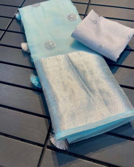 Sky Blue Colour Light Weight Pure Kanchi Organza Jacquard Full Worked Saree With Blouse & Silk Border - Navshtri Family