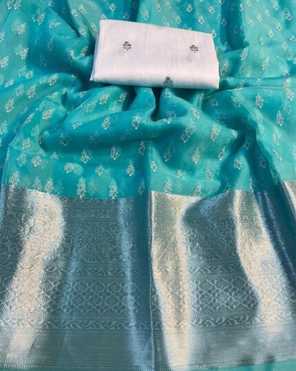 Sky Color Latest Design Kanchi Pure Organza Jacquard Full Worked Saree With Raw Silk Squence Work Blouse - Navshtri Family