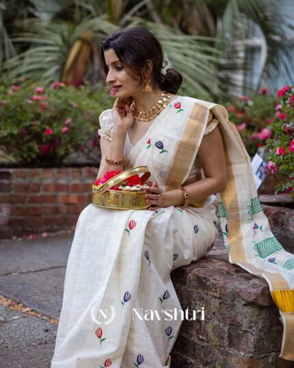 Snow Petals - Elegant White Linen Saree with Floral All Over and Blouse - Navshtri Family