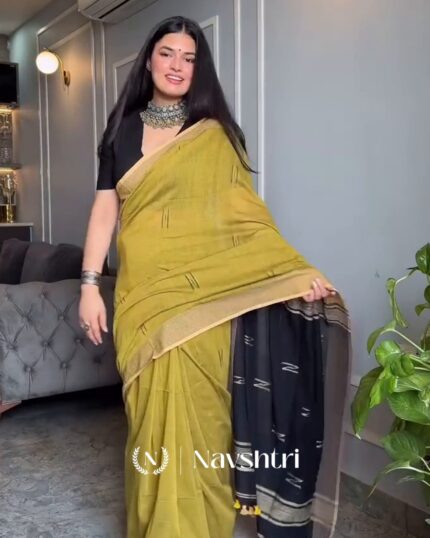 Sunehri - Lemon Yellow Linen Saree with Contrast Black Blouse - Navshtri Family