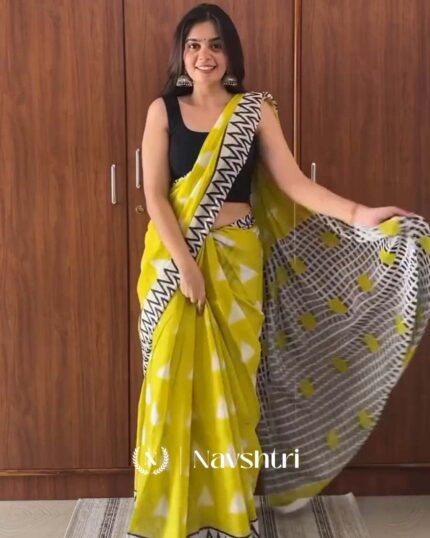 Sunset Noir - Lemon Yellow Linen Saree with Black Blouse - Navshtri Family