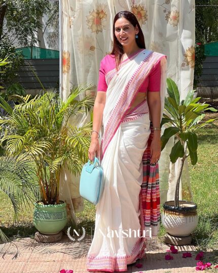 Swan Pink - White Linen Drape with Pink Border and Coordinated Blouse - Navshtri Family