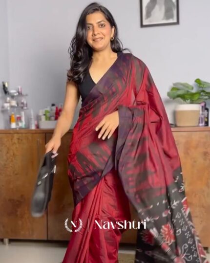 Vintage Red - Maroon Linen Saree with Stylish Border & Blouse - Navshtri Family