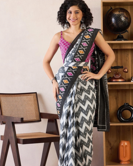 White And Black Color Mulmul Cotton 1 - Minute Ready to Wear Saree with Pocket and Blouse Piece - Navshtri Family