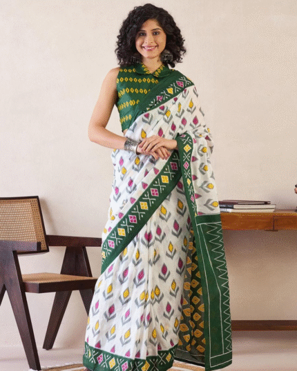White And Green Color Mulmul Cotton 1 - Minute Ready to Wear Saree with Pocket and Blouse Piece - Navshtri Family