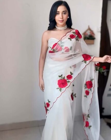 White Color 1-Minute Ready To Wear Georgette Saree With Blouse Piece - Navshtri Family