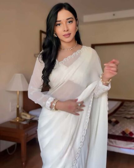 White Color 1-Minute Ready To Wear Georgette Saree With Blouse Piece - Navshtri Family