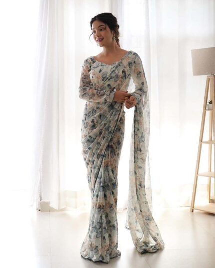 White Color 1-Minute Ready To Wear Georgette Saree with Digital Printed Work - Navshtri Family