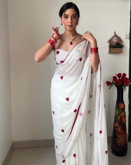 White Color 1-Minute Ready To Wear Georgette Saree with Thread Gamthi Work - Navshtri Family