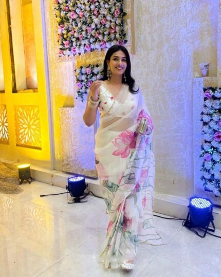 White Color 1-Minute Ready To Wear Organza Silk Saree with Moti Embroidery Work & Stitched Blouse - Navshtri Family