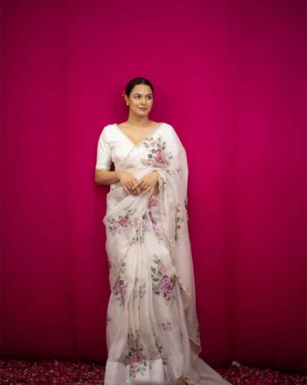 White Color 1-Minute Ready To Wear Organza Silk Saree with Moti Embroidery Work & Stitched Blouse - Navshtri Family