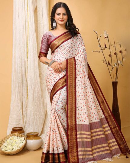 White Color Latest Collection Dola Silk Saree with Blouse Piece & Coffee Border - Navshtri Family