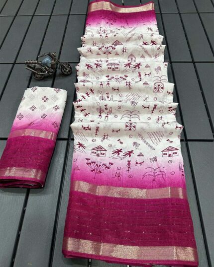 White Color Latest Collection Dola Silk Saree with Blouse Piece & Dark Pink Border - Navshtri Family