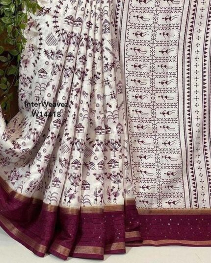 White Color Latest Collection Dola Silk Saree with Blouse Piece & Marron Border - Navshtri Family