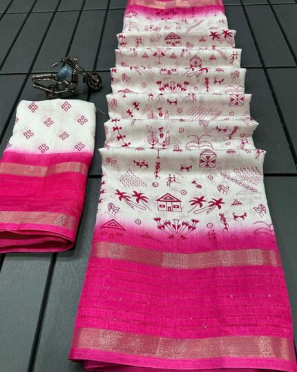 White Color Latest Collection Dola Silk Saree with Blouse Piece & Pink Border - Navshtri Family
