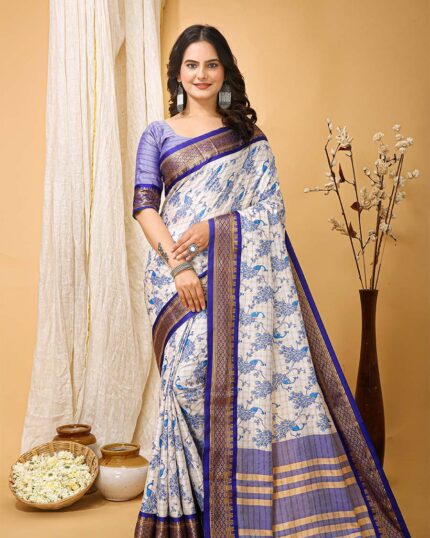White Color Latest Collection Dola Silk Saree with Blouse Piece & Purple Border - Navshtri Family