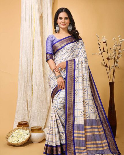 White Color Latest Collection Dola Silk Saree with Blouse Piece & Purple Border - Navshtri Family