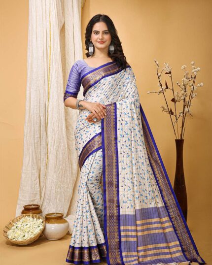 White Color Latest Collection Dola Silk Saree with Blouse Piece & Purple Border - Navshtri Family