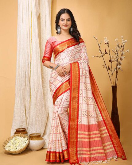 White Color Latest Collection Dola Silk Saree with Blouse Piece & Red Border - Navshtri Family