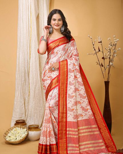 White Color Latest Collection Dola Silk Saree with Blouse Piece & Saffron Border - Navshtri Family