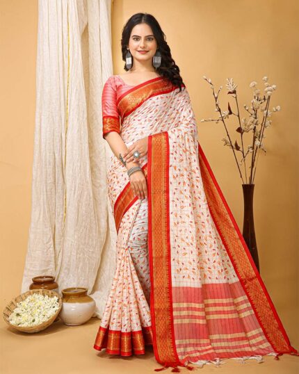 White Color Latest Collection Dola Silk Saree with Blouse Piece & Saffron Border - Navshtri Family