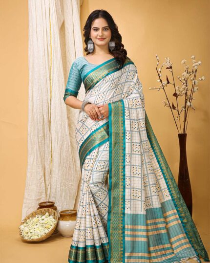 White Color Latest Collection Dola Silk Saree with Blouse Piece &Sky Blue Border - Navshtri Family