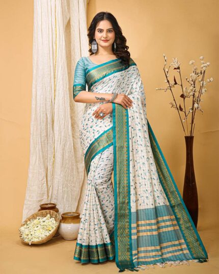 White Color Latest Collection Dola Silk Saree with Blouse Piece & Sky Blue Border - Navshtri Family