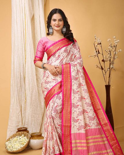 White Color Latest Collection Dola Silk Saree with Blouse Piece & Tometo Red Border - Navshtri Family