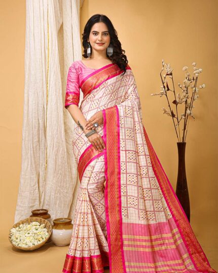 White Color Latest Collection Dola Silk Saree with Blouse Piece &Tometo Red Border - Navshtri Family