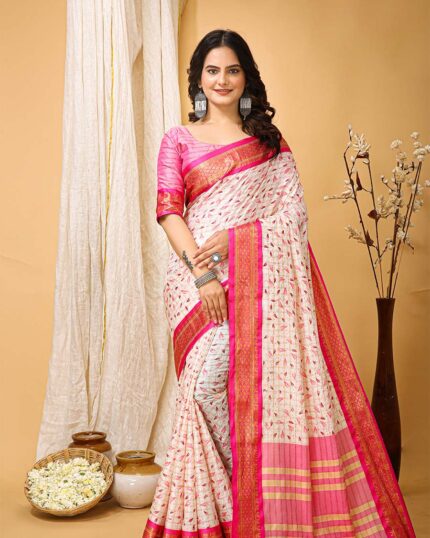 White Color Latest Collection Dola Silk Saree with Blouse Piece & Tometo Red Border - Navshtri Family
