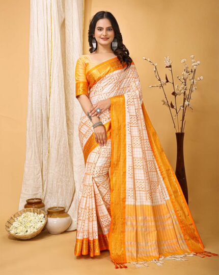 White Color Latest Collection Dola Silk Saree with Blouse Piece & Yelllow Border - Navshtri Family