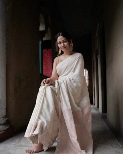 White Color Latest Design Cotton Silk Saree with Classy Blouse and Tassels - Navshtri Family