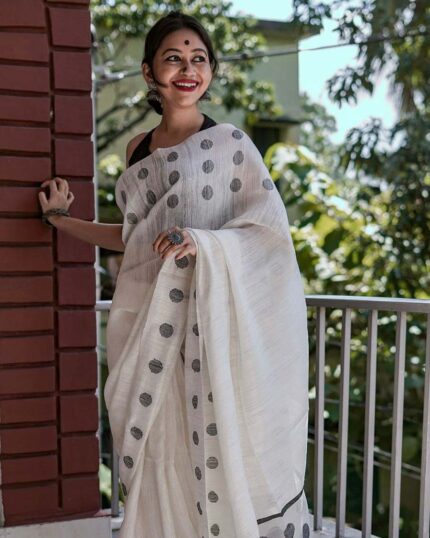 White Color Latest Design Cotton Silk Saree with Classy Blouse and Tassels - Navshtri Family