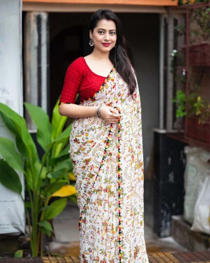 White Color Latest Design Dola Silk Saree with Blouse Piece - Navshtri Family