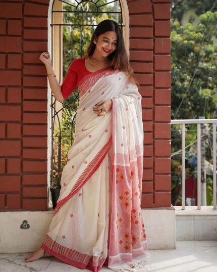 White Color New Design Cotton Silk Saree with Classy Blouse and tassels - Navshtri Family