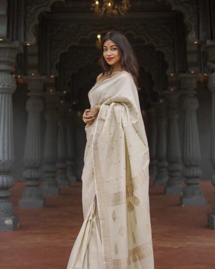 White Color Premium Cotton Silk Saree With Classy Blouse and tassels - Navshtri Family