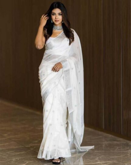 White Color Premium Cotton Silk Saree With Classy Blouse - Navshtri Family