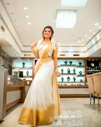 White Color Premium Kanchi Organza Plain Saree with Golden Color Silk Border - Navshtri Family