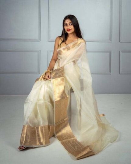 White Color Pure Soft Organza Plain Saree with Pure Zari Weaving & Silk Border - Navshtri Family