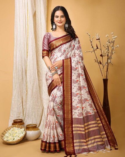 WhiteColor Latest Collection Dola Silk Saree with Blouse Piece & Coffee Border - Navshtri Family