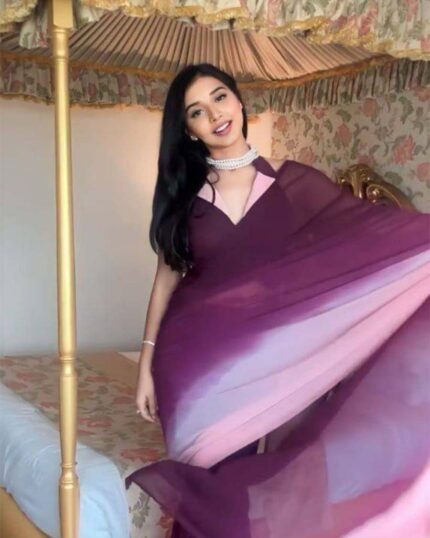 Wine And Calm Pink Colour 1-Minute Ready To Wear Georgette Saree With Blouse Piece - Navshtri Family