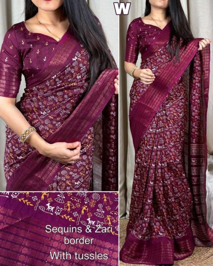 Wine Color New Collection Dola Silk Saree with Blouse Piece - Navshtri Family